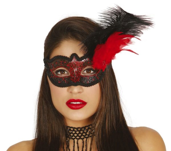 Elegante Federmaske schwarz-rot Cheap